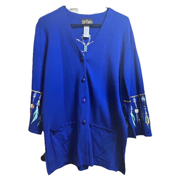vintage Bob Mackie Wearable Art Blue Embroidered Feather Bead Cardigan Sweater M - Picture 1 of 5
